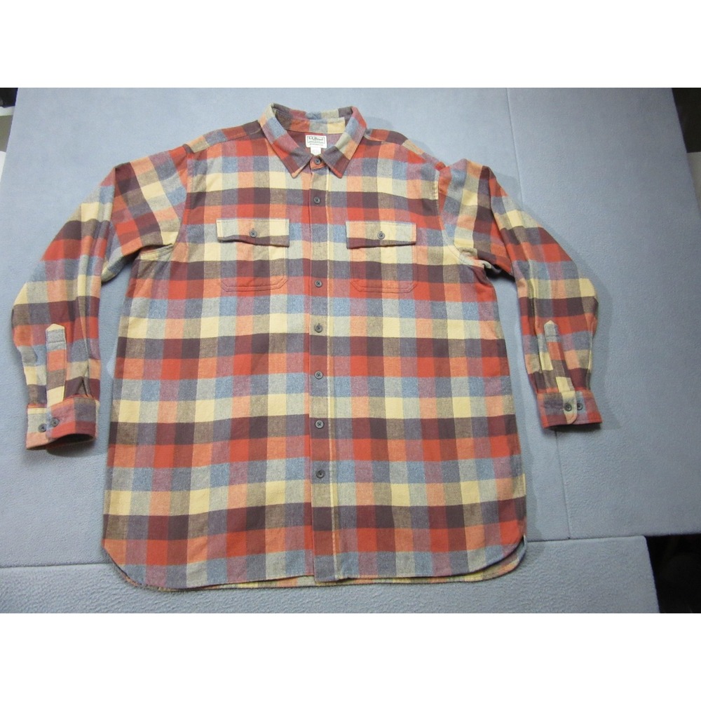 LL Bean Flannel Shirt Mens XXL Tall 2XLT Red Brown Plaid Button Down Long Sleeve